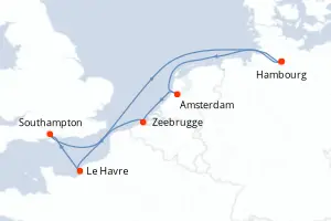 Carte de l’itinéraire du MSC Preziosa · 8 jours / 7 nuits, Mer du Nord / Bénélux-Germanie
