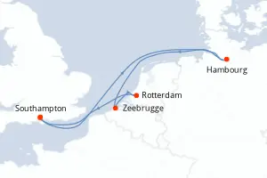 Carte de l’itinéraire du MSC Preziosa · 7 jours / 6 nuits, Mer du Nord / Bénélux-Germanie
