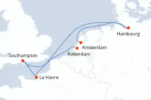Carte de l’itinéraire du MSC Preziosa · 7 jours / 6 nuits, Mer du Nord / Bénélux-Germanie