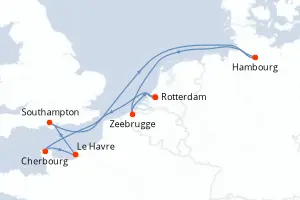 Carte de l’itinéraire du MSC Preziosa · 9 jours / 8 nuits, Mer du Nord / Bénélux-Germanie