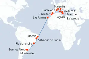 Carte de l’itinéraire du MSC Splendida · 25 jours / 24 nuits, Méditerranée occidentale