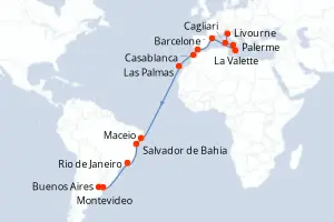 Carte de l’itinéraire du MSC Splendida · 24 jours / 23 nuits, Amérique du Sud