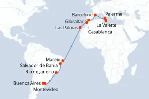 Carte de l’itinéraire du MSC Splendida · 22 jours / 21 nuits, Amérique du Sud