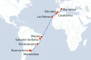 Carte de l’itinéraire du MSC Splendida · 19 jours / 18 nuits, Amérique du Sud