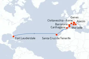 Carte de l’itinéraire du Sun Princess · 22 jours / 21 nuits, Méditerranée occidentale