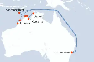 Carte de l’itinéraire du Silver Cloud Expedition · 11 jours / 10 nuits, Australie & Nouvelle-Zélande