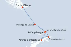 Carte de l’itinéraire du Silver Endeavour · 10 jours / 9 nuits, Amérique du Sud