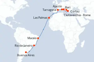 Carte de l’itinéraire du MSC Splendida · 22 jours / 21 nuits, Méditerranée occidentale