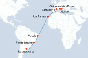 Carte de l’itinéraire du MSC Splendida · 19 jours / 18 nuits, Méditerranée occidentale