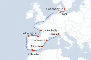 Carte de l’itinéraire du MSC Euribia · 14 jours / 13 nuits, Méditerranée occidentale