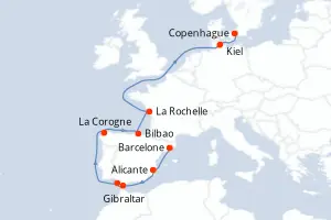 Carte de l’itinéraire du MSC Euribia · 12 jours / 11 nuits, Méditerranée occidentale