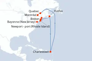 Carte de l’itinéraire du Silver Shadow · 12 jours / 11 nuits, Canada / Nouvelle-Angleterre