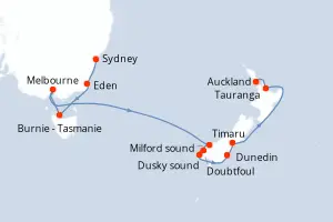 Carte de l’itinéraire du Norwegian Spirit · 12 jours / 11 nuits, Australie & Nouvelle-Zélande