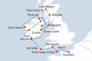 Carte de l’itinéraire du Lyrial · 19 jours / 18 nuits, Îles britanniques & Irlande