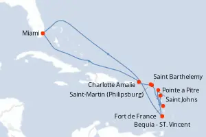 Carte de l’itinéraire de l’Oceania Vista · 13 jours / 12 nuits, Petites Antilles