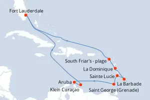 Carte de l’itinéraire de l’Island Princess · 15 jours / 14 nuits, Petites Antilles
