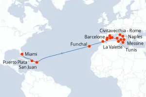 Carte de l’itinéraire de l’Oceania Marina · 26 jours / 25 nuits, Méditerranée occidentale