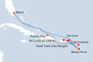 Carte de l’itinéraire de l’EXPLORA I · 16 jours / 15 nuits, Caraïbes