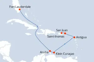 Carte de l’itinéraire du Crown Princess · 9 jours / 8 nuits, Caraïbes