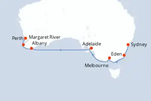Carte de l’itinéraire du Grand Princess · 12 jours / 11 nuits, Australie & Nouvelle-Zélande