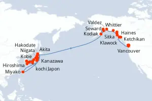 Carte de l’itinéraire de l’Azamara Pursuit · 40 jours / 39 nuits, Alaska