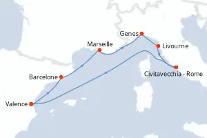 Carte de l’itinéraire du MSC Sinfonia · 8 jours / 7 nuits, Méditerranée occidentale