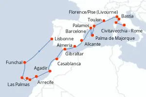 Carte de l’itinéraire de l’Oceania Sirena · 20 jours / 19 nuits, Méditerranée occidentale
