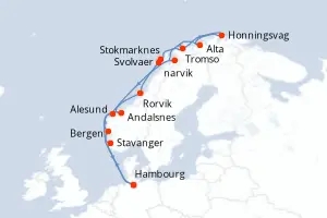 Carte de l’itinéraire du MS Midnatsol · 15 jours / 14 nuits, Norvège