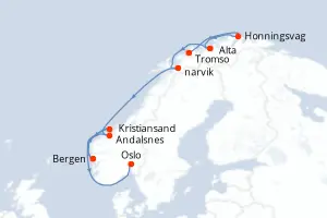 Carte de l’itinéraire du MS Trollfjord · 9 jours / 8 nuits, Norvège
