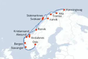 Carte de l’itinéraire du MS Trollfjord · 15 jours / 14 nuits, Norvège