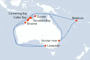 Carte de l’itinéraire du Jacques Cartier · 11 jours / 10 nuits, Australie & Nouvelle-Zélande