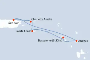 Carte de l’itinéraire du Rhapsody of the Seas · 7 jours / 6 nuits, Petites Antilles