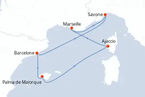 Carte de l’itinéraire du Costa Favolosa · 7 jours / 6 nuits, Méditerranée occidentale