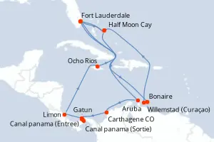 Carte de l’itinéraire du Nieuw Amsterdam · 22 jours / 21 nuits, Caraïbes méridionales