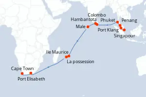 Carte de l’itinéraire du MS Volendam · 23 jours / 22 nuits, Océan Indien