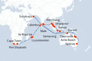 Carte de l’itinéraire du MS Volendam · 41 jours / 40 nuits, Asie du Sud-Est