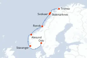 Carte de l’itinéraire du MS Trollfjord · 7 jours / 6 nuits, Norvège