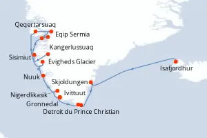 Carte de l’itinéraire du SH Vega · 13 jours / 12 nuits, Groenland