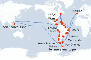 Carte de l’itinéraire de l’Azamara Journey · 75 jours / 74 nuits, Petites Antilles
