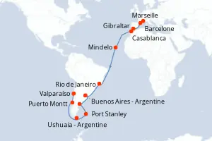 Carte de l’itinéraire du MSC Magnifica · 36 jours / 35 nuits, Amérique du Sud
