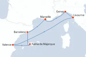 Carte de l’itinéraire du MSC Sinfonia · 8 jours / 7 nuits, Méditerranée occidentale