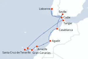 Carte de l’itinéraire de l’Azamara Onward · 15 jours / 14 nuits, Îles de l'Atlantique