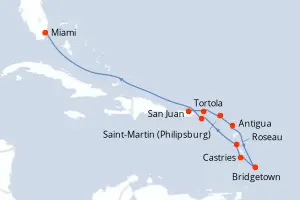 Carte de l’itinéraire du Rhapsody of the Seas · 11 jours / 10 nuits, Petites Antilles