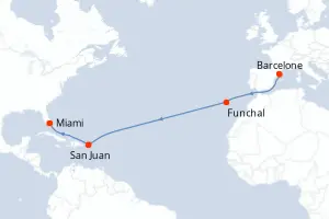 Carte de l’itinéraire du MSC Grandiosa · 14 jours / 13 nuits, Madère