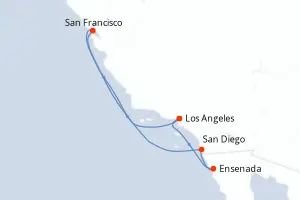 Carte de l’itinéraire de l’Emerald Princess · 8 jours / 7 nuits, Amérique du Nord