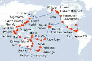 Carte de l’itinéraire du Coral Princess · 130 jours / 129 nuits, Alaska