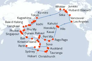 Carte de l’itinéraire du Coral Princess · 115 jours / 114 nuits, Alaska
