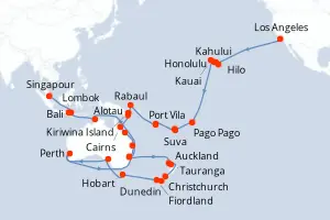 Carte de l’itinéraire du Coral Princess · 70 jours / 69 nuits, Australie & Nouvelle-Zélande
