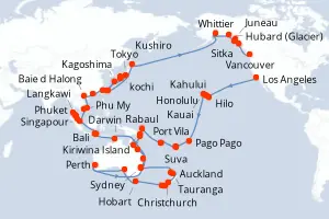 Carte de l’itinéraire du Coral Princess · 111 jours / 110 nuits, Alaska