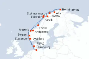 Carte de l’itinéraire du MS Finnmarken · 15 jours / 14 nuits, Norvège